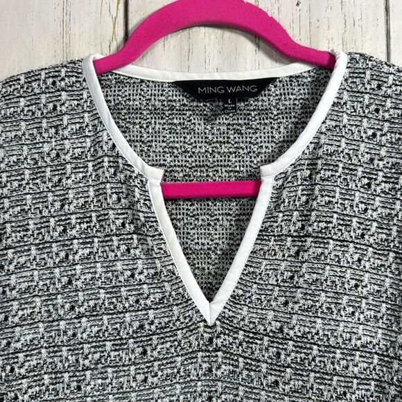 Ming Wang Tweed Knit Shift Dress with White Sleeves Size L Classic Workwear - Picture 2 of 16